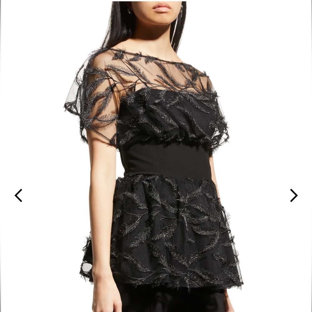 New with tags NWT Lela Rose black feather tulle top shirt blouse size 12 $990